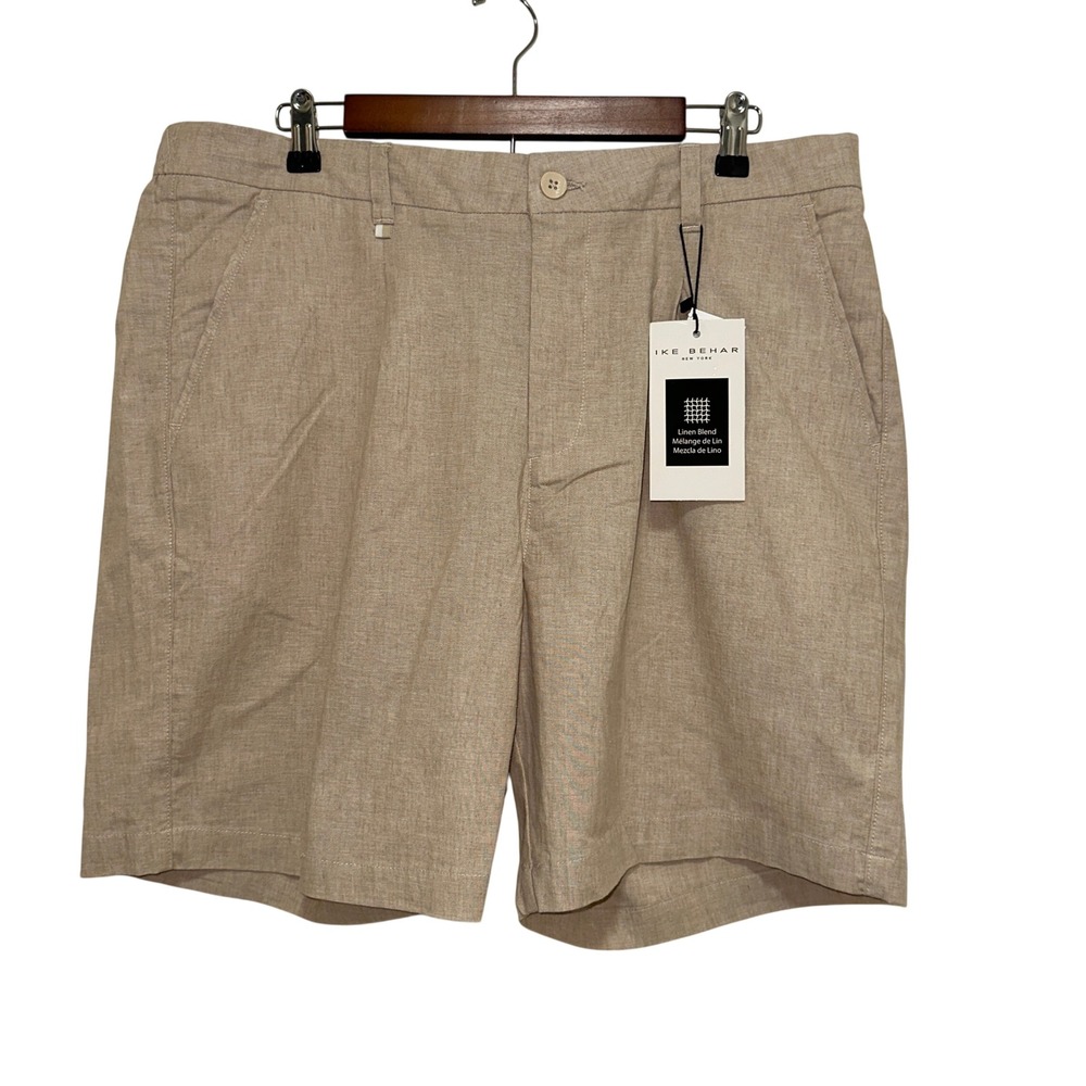 Ike Behar Shorts Mens 2XL Tan New Linen Blend Flat Front Elastic Back Casual
